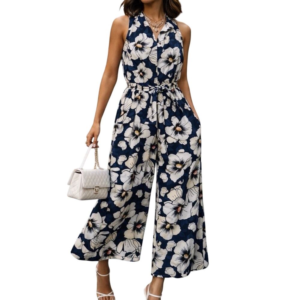 Ann Taylor Blue White Floral Wide Leg Jumpsuit Tie Waist Chic Sz 2